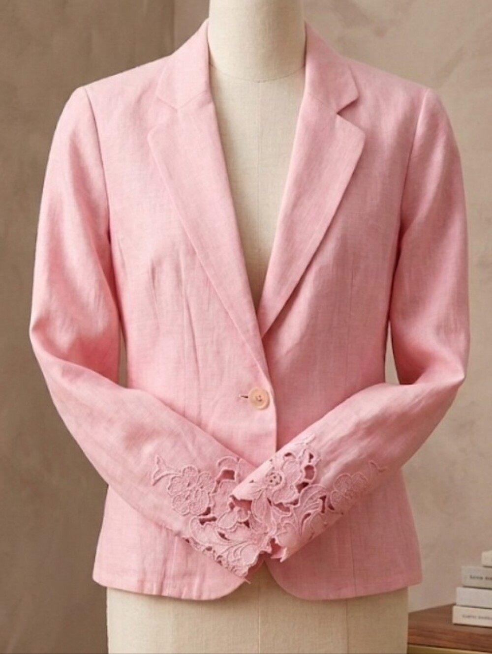Talbots 100% Linen Pink Blazer Embroidered Cuffs & Hem Women's 4 Summer Chic